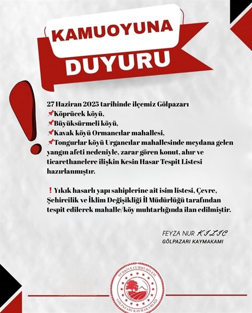 İlçemizde Meydana Gelen Yangın Afeti Kesin Hasar Tespiti Askı İlanı Listesi